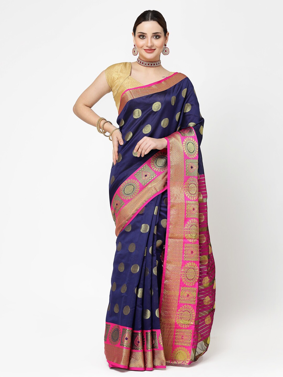 

ISHQY Ethnic Motifs Zari Art Silk Banarasi Saree, Navy blue