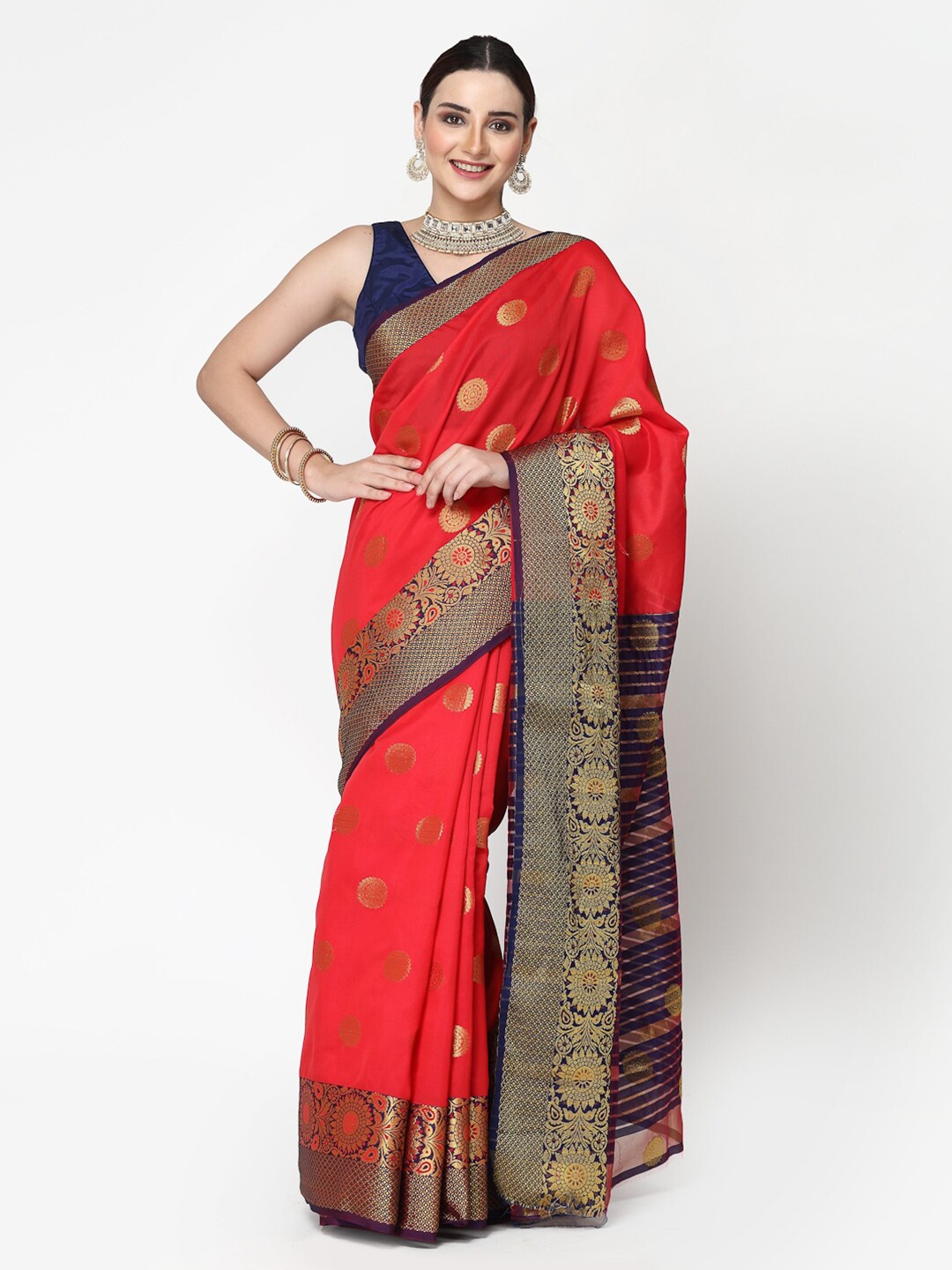 

ISHQY Ethnic Motifs Zari Silk Banarasi Silk Saree, Red