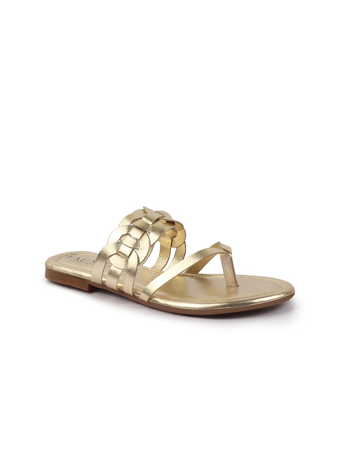 

FAUSTO Textured Open Toe T-Strap Flats, Gold