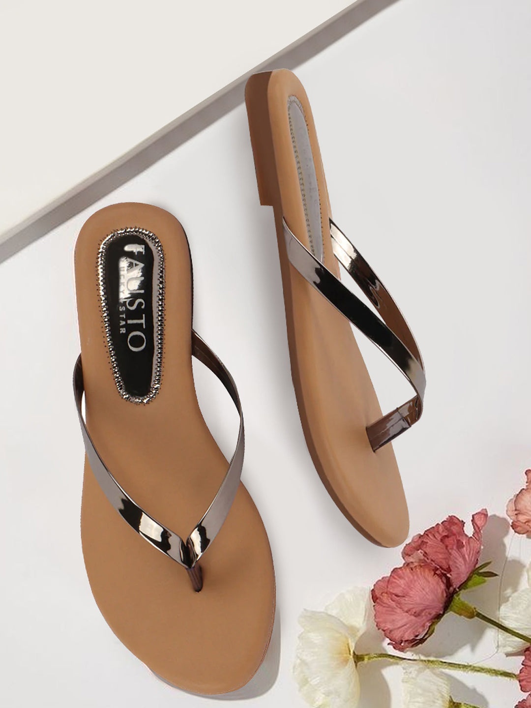 

FAUSTO Shiny Sleek T-Strap Flats, Metallic