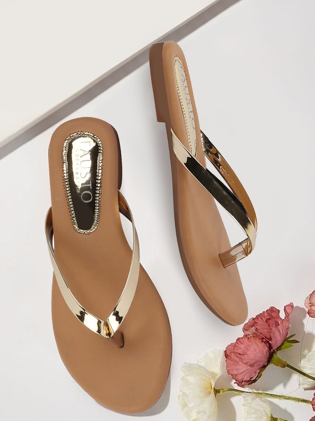 

FAUSTO Open Toe T-Strap Flats, Gold