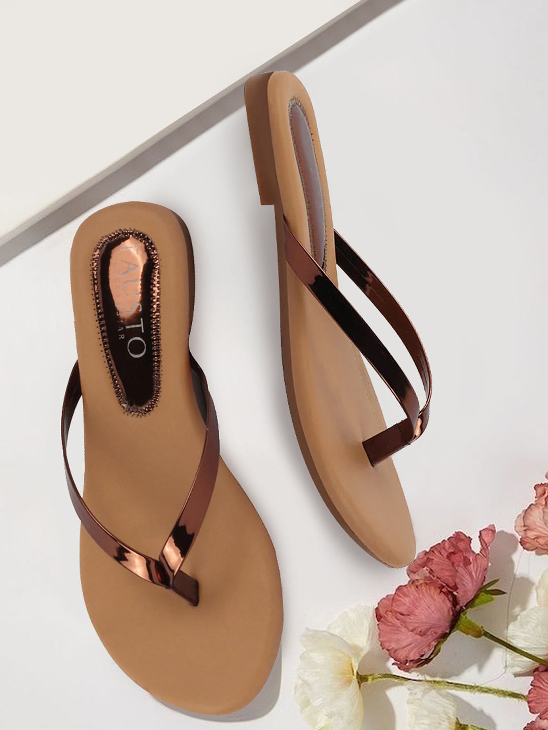 

FAUSTO Shiny Sleek T-Strap Flats, Copper