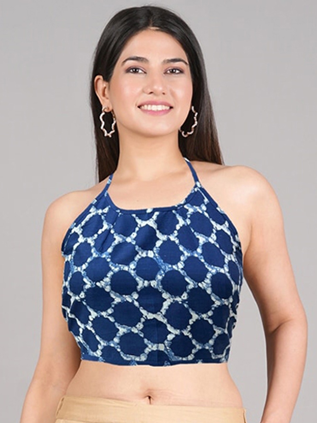 

YASH GALLERY Geometric Print Halter Neck Cotton Bralette Crop Top, Blue