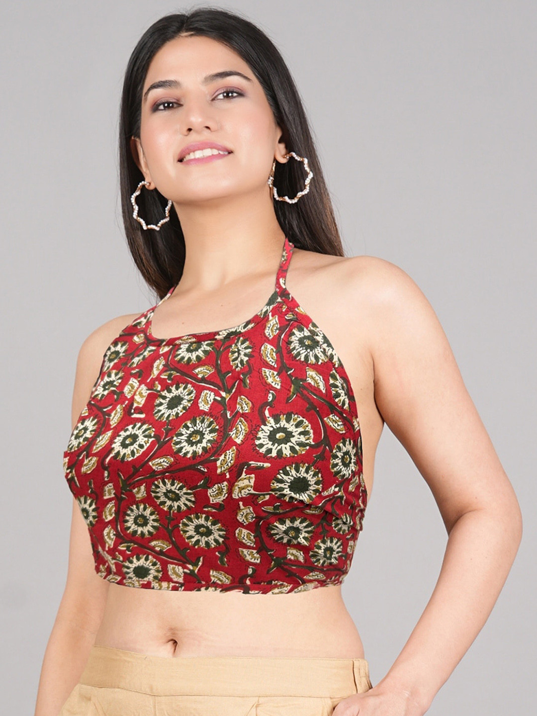 

YASH GALLERY Floral Printed Halter Neck Cotton Fitted Crop Top, Maroon