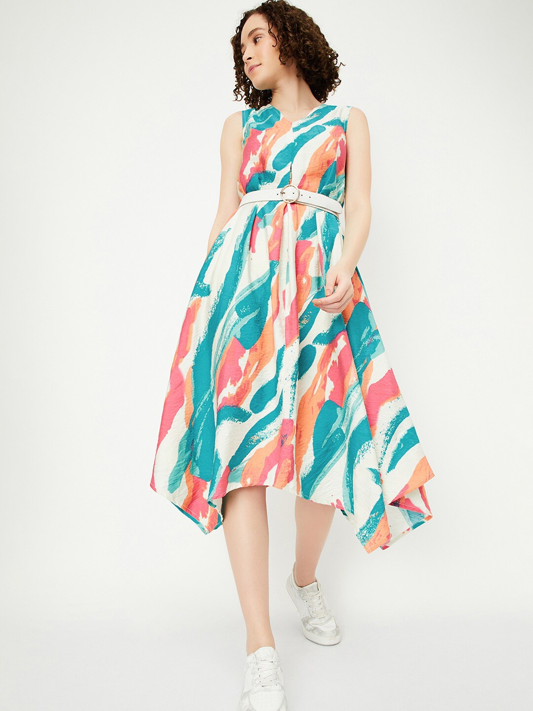 

max Printed V-Neck Sleeveless Fit & Flare Midi Dress, Multi