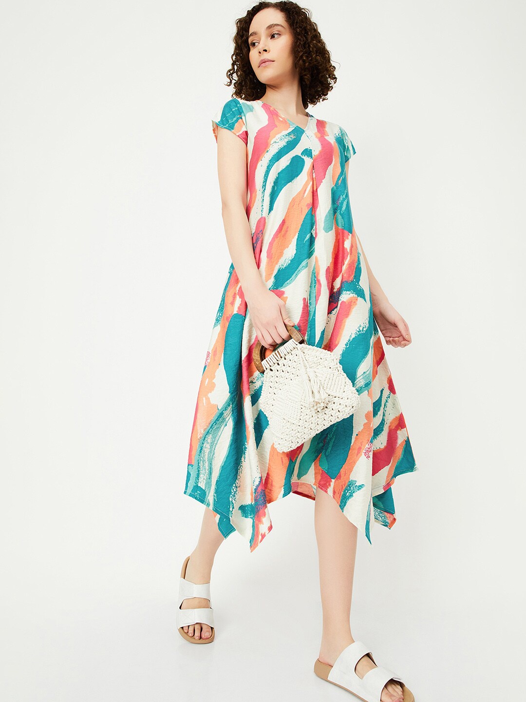 

max Printed V-Neck Sleeves A-Line Midi Dress, Blue