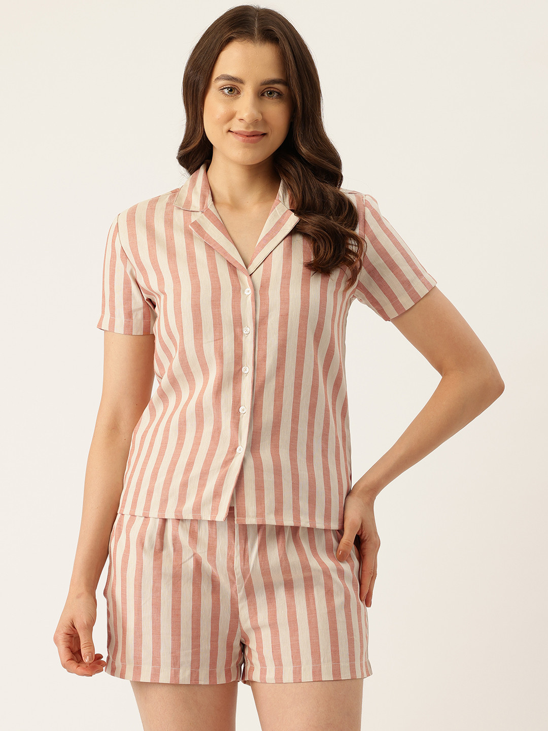 

ETC Women Striped Lapel Collared Night Suit, Beige