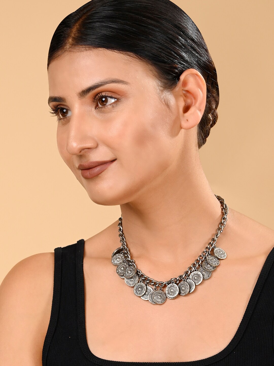 

XPNSV Brass Chunky Coins Antique Silver Necklace