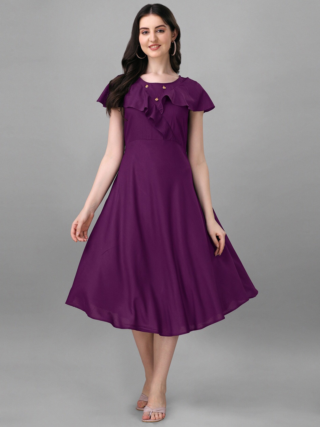 

PARNAVI Flutter Sleeve Ruffled Fit & Flare Midi Dress, Purple