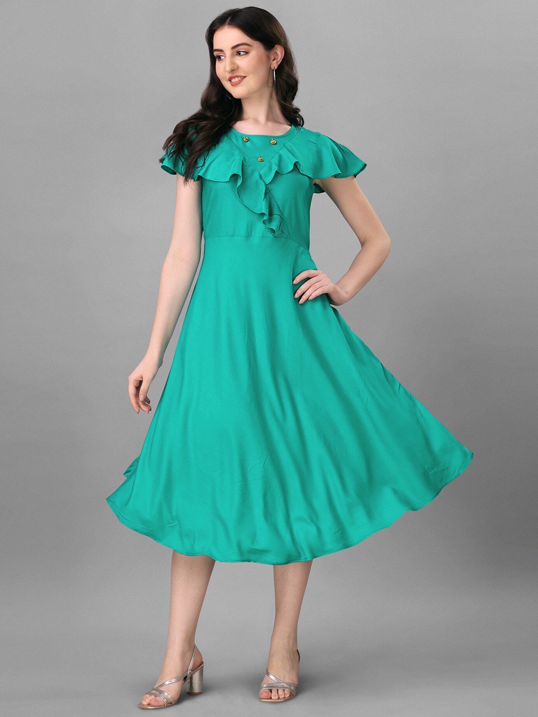 

PARNAVI Flutter Sleeve Ruffled Fit & Flare Midi Dress, Green