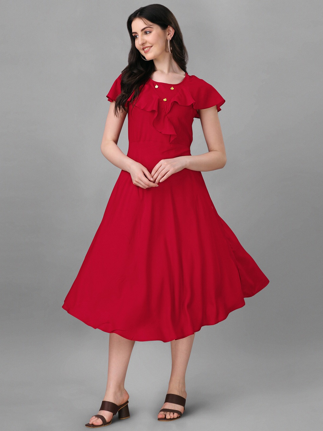 

PARNAVI Round Neck Short Sleeves Cotton A-Line Dress, Maroon