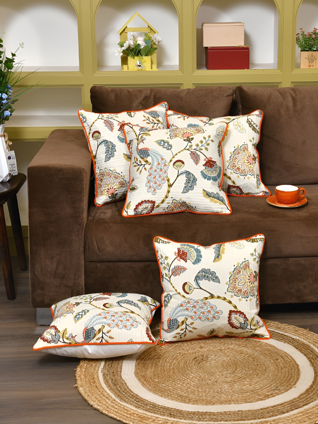 Clasiko White & Blue 5 Pcs Floral Square Cushion Covers