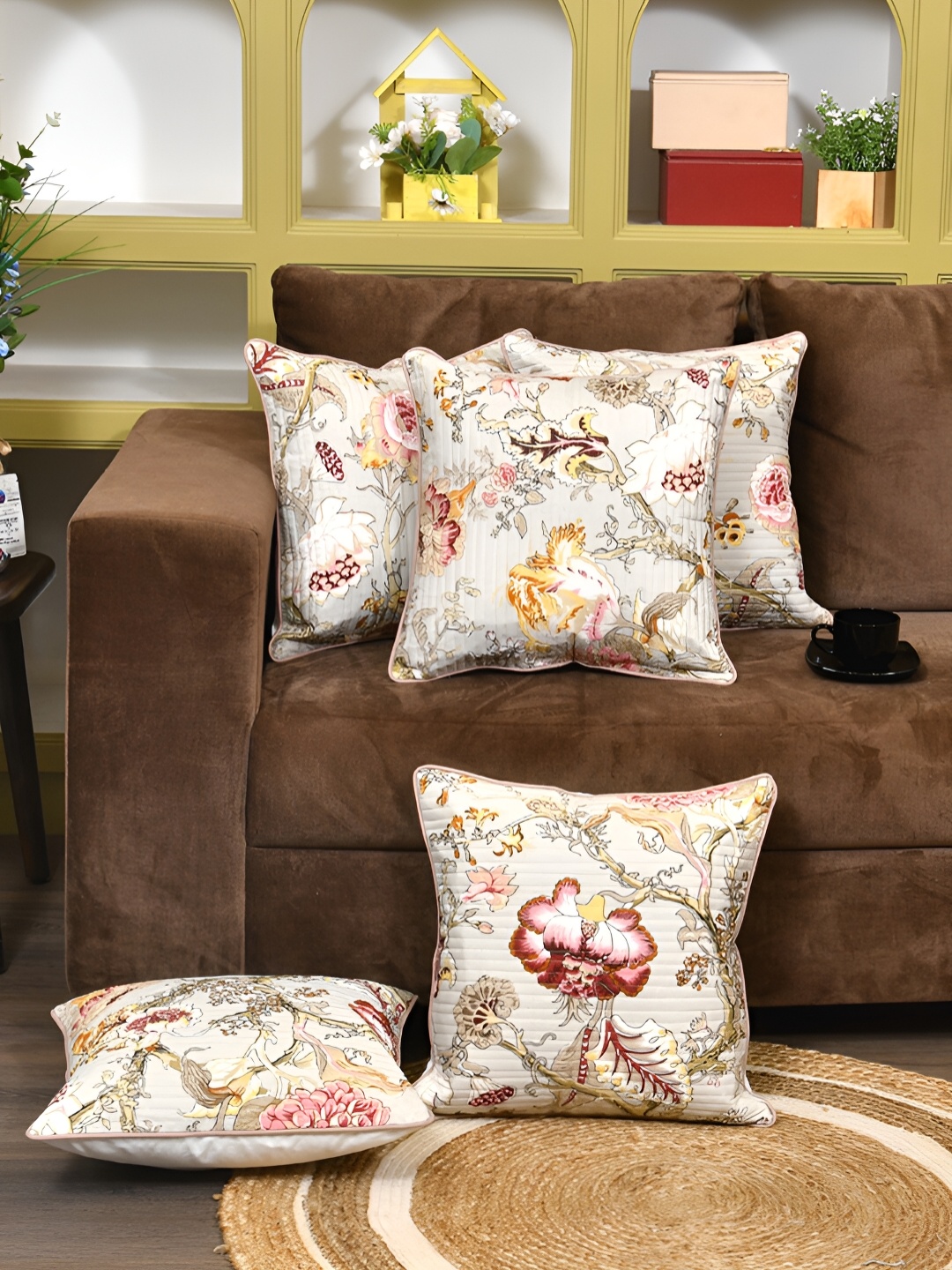 Clasiko Beige & Red 5 Pieces Cotton Floral Square Cushion Covers