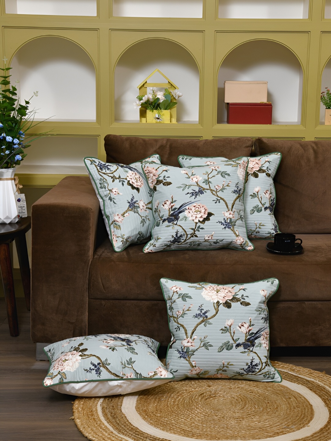 

Clasiko Blue & Peach-Coloured 5 Pieces Floral Square Cushion Covers