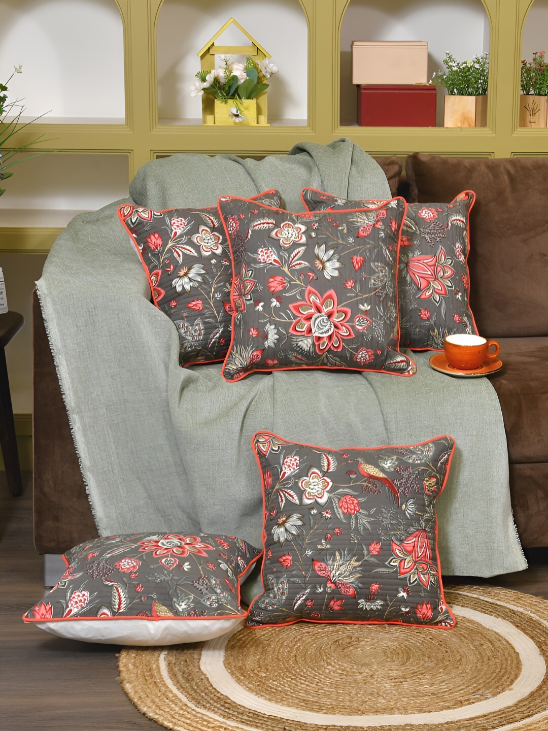 

Clasiko Grey & Pink 5 Pcs Floral Square Cushion Covers