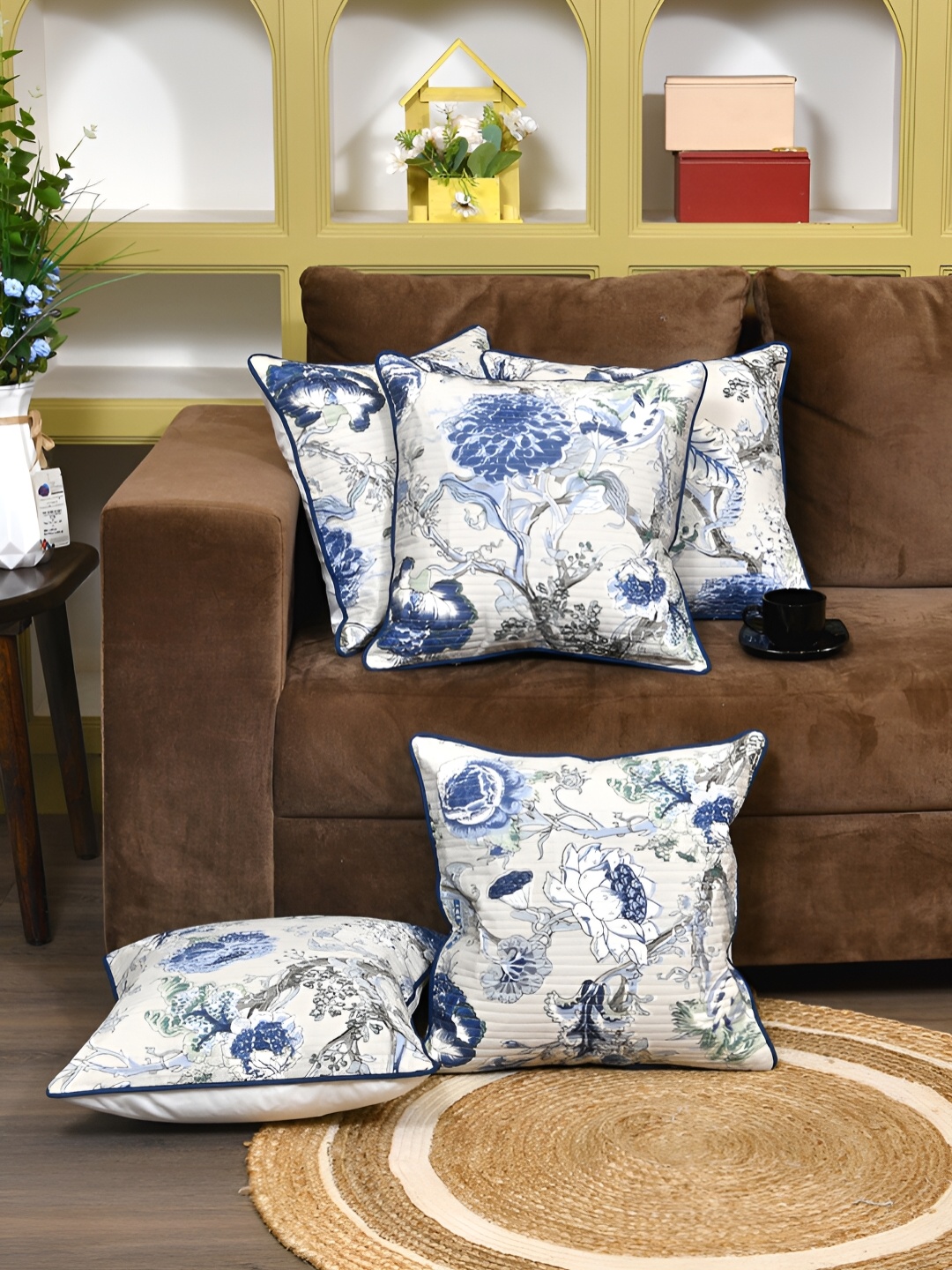 

Clasiko Grey & Blue 5 Pcs Floral Square Cushion Covers