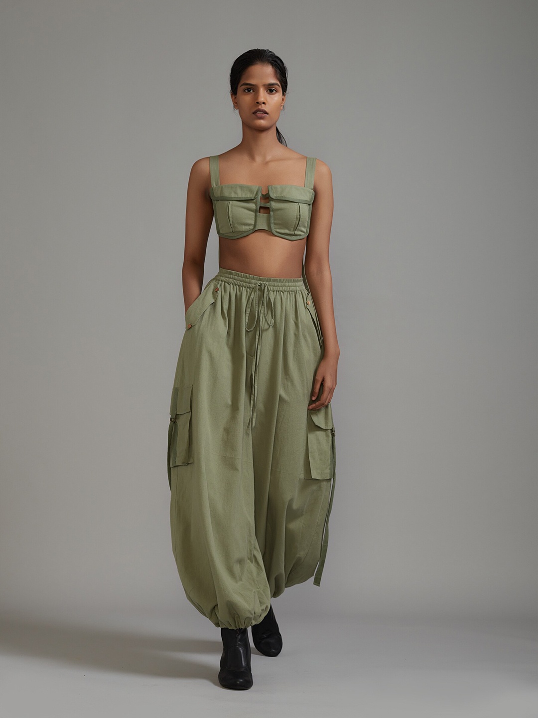 

MATI Safari Cotton Crop Top With Trousers, Green
