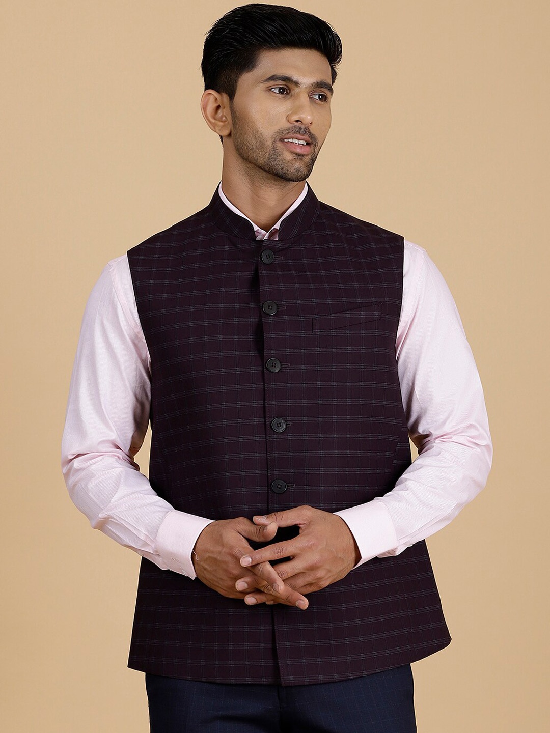 

MODI JACKET Checked Woollen Nehru Jacket, Maroon