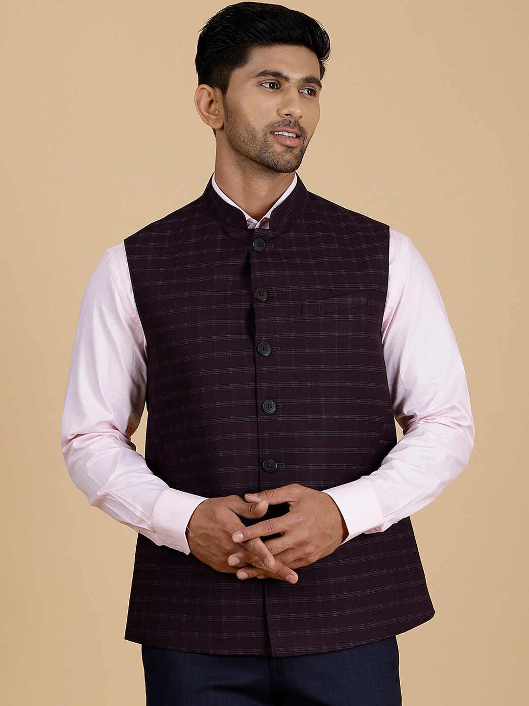 

MODI JACKET Checked Woollen Nehru Jacket, Maroon