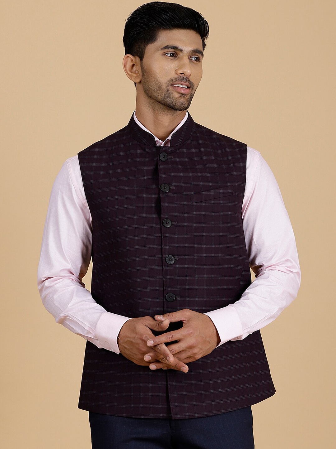 

MODI JACKET Checked Woollen Nehru Jacket, Maroon