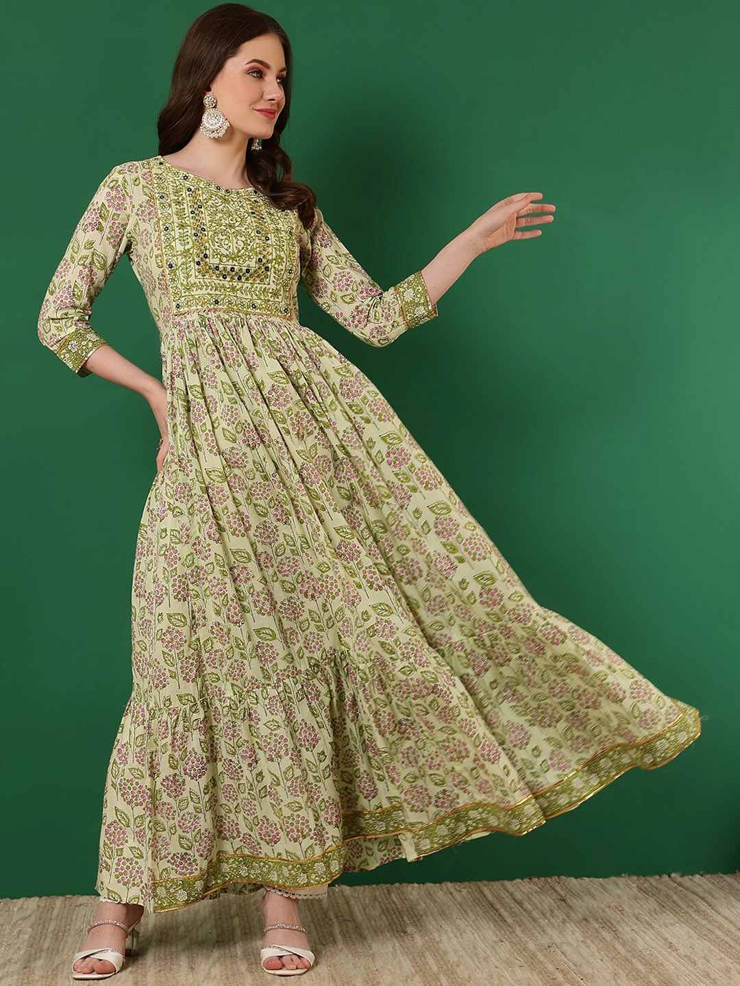

GLAM ROOTS Floral Printed Mirror Work Tiering Cotton Anarkali Kurta, Green