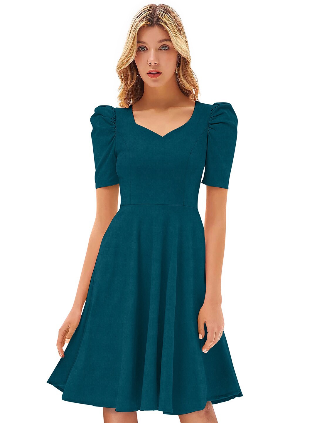 

BAESD Sweetheart Neck Puff Sleeve Fit & Flare Dress, Teal
