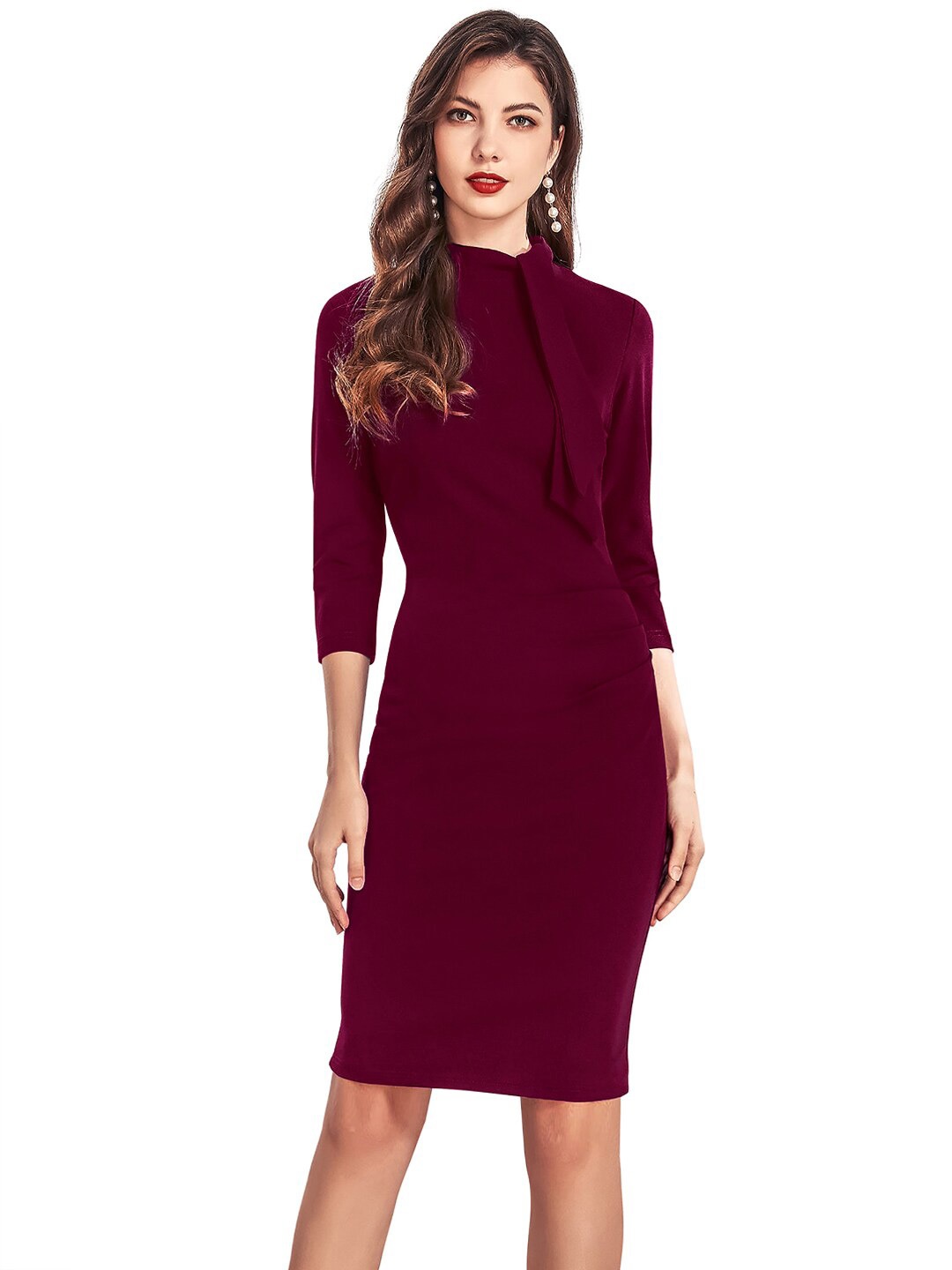 

BAESD Tie Up neck Three-Quarter Sleeves Bodycon Dress, Maroon
