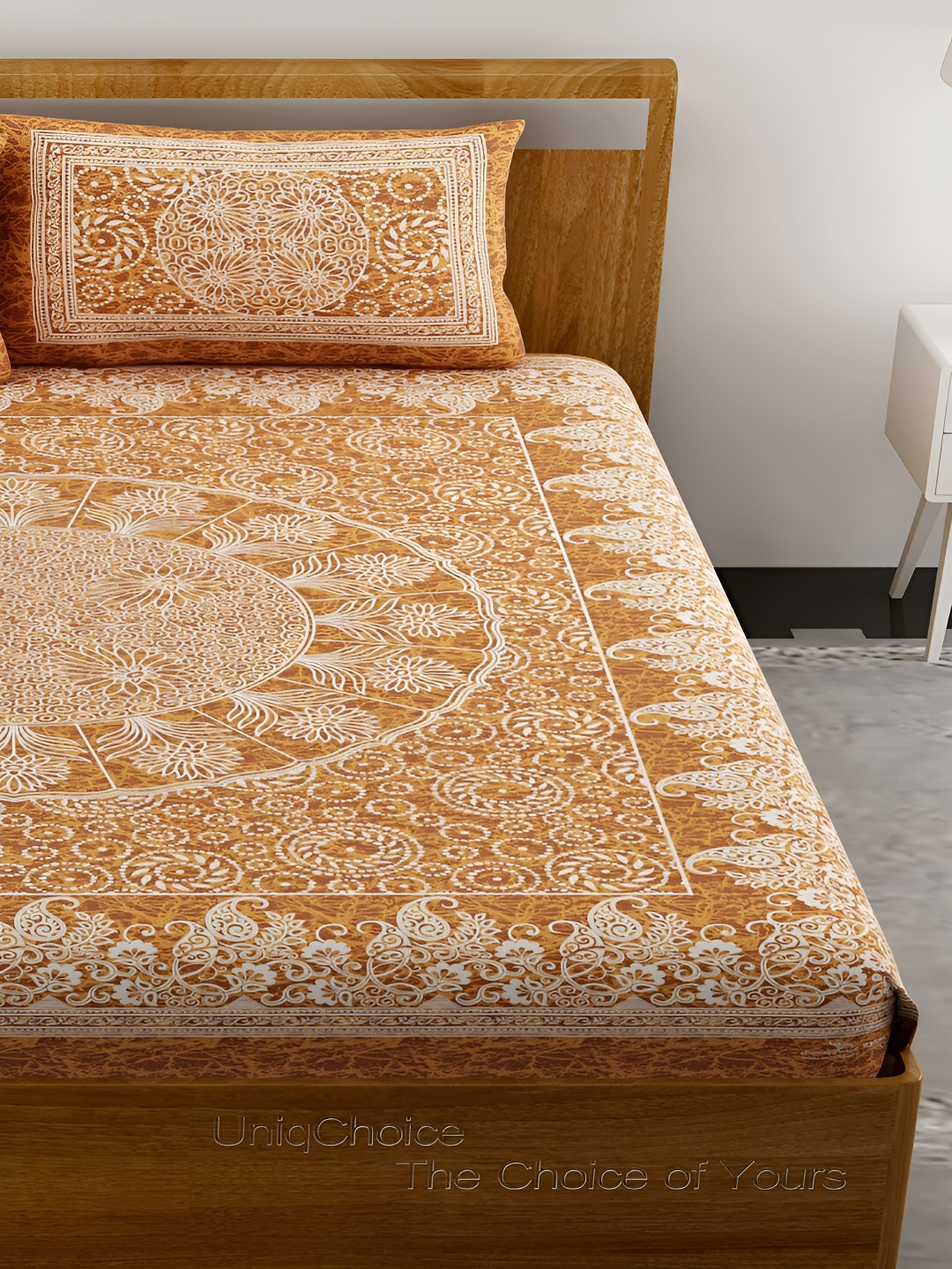 

Aura Mustard & White Ethnic Motifs 120 TC Queen Bedsheet with 2 Pillow Covers