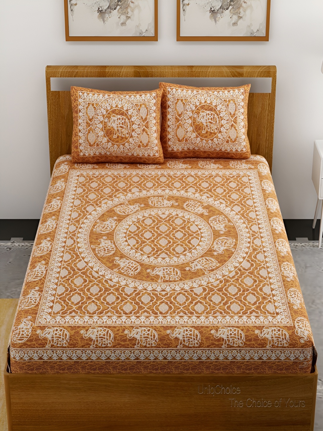 

Aura Mustard & White Ethnic Motifs Cotton 120 TC Queen Bedsheet With 2 Pillow Covers