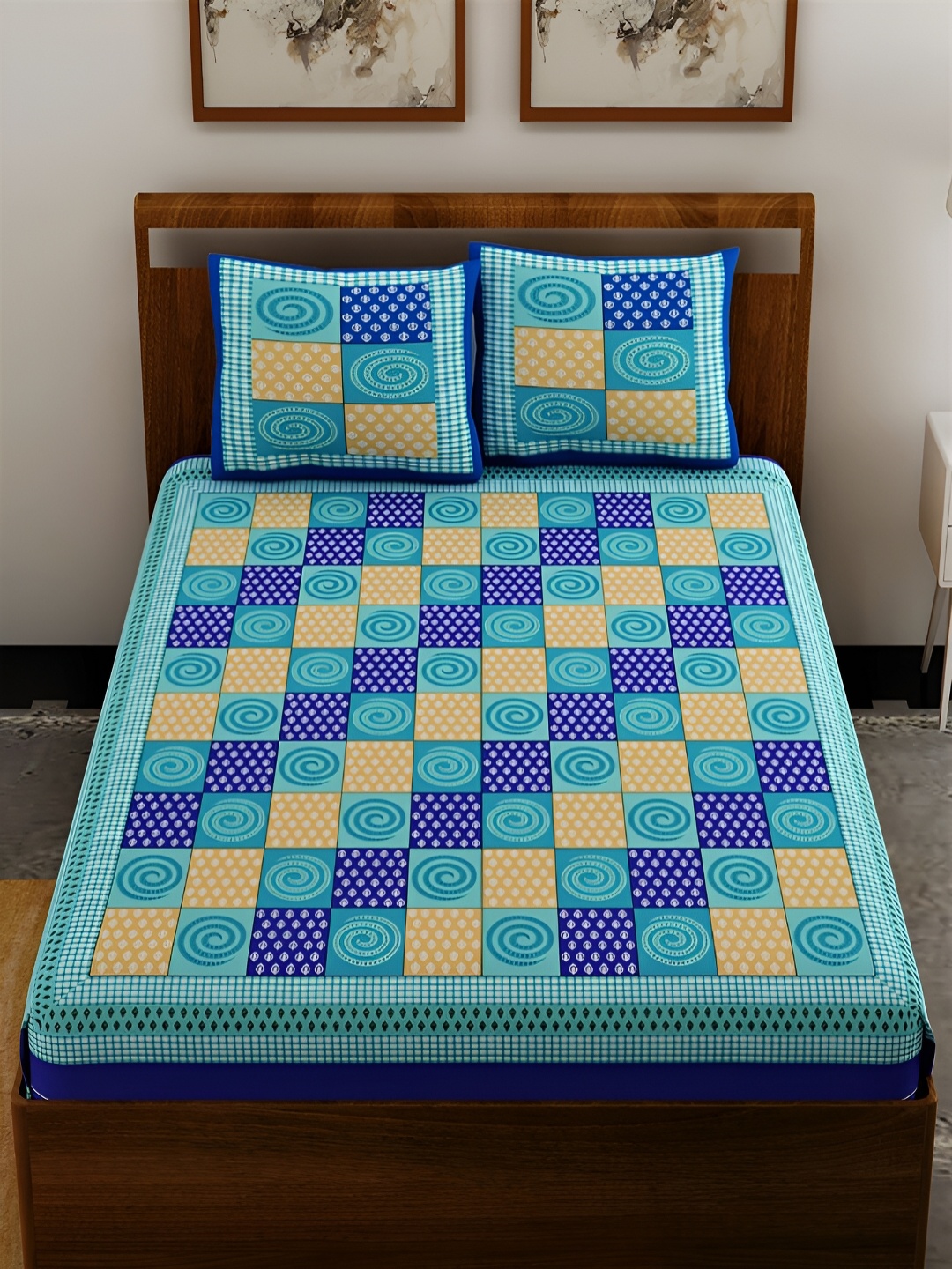 

Aura Blue & Yellow Geometric Printed Cotton 120 TC Queen Bedsheet with 2 Pillow Covers