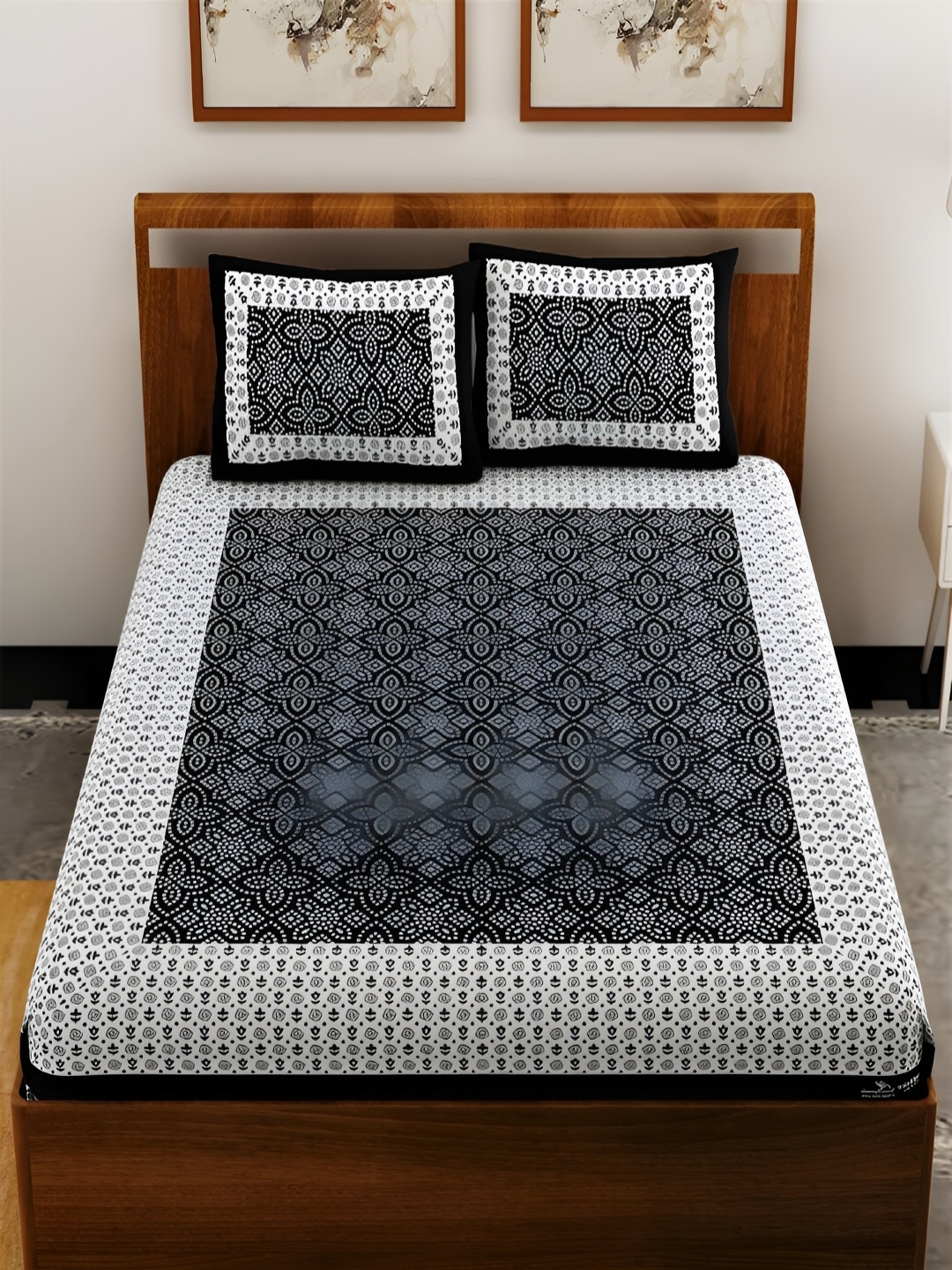 

Aura Black & White Ethnic Motifs Cotton 120 TC Queen Bedsheet With 2 Pillow Covers