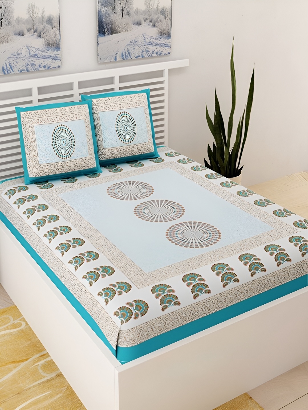 

Aura Turquoise Blue Ethnic Motifs Cotton 120 TC Queen Double Bedsheet With 2 Pillow Covers