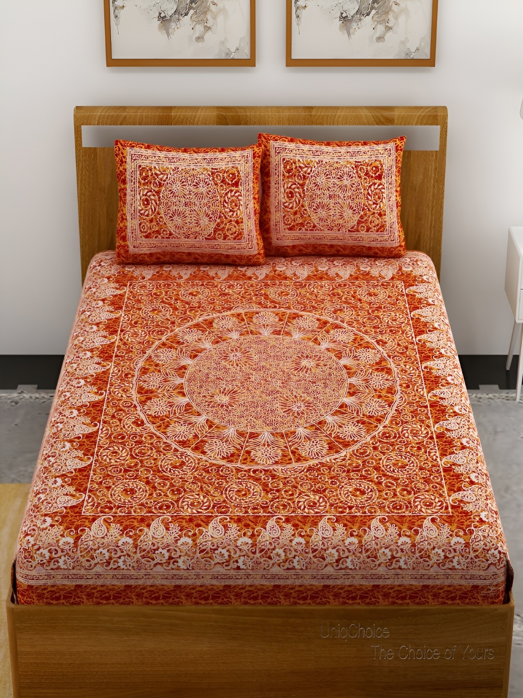 

Aura Red & White Ethnic Motifs Cotton 120 TC Queen Bedsheet with 2 Pillow Covers