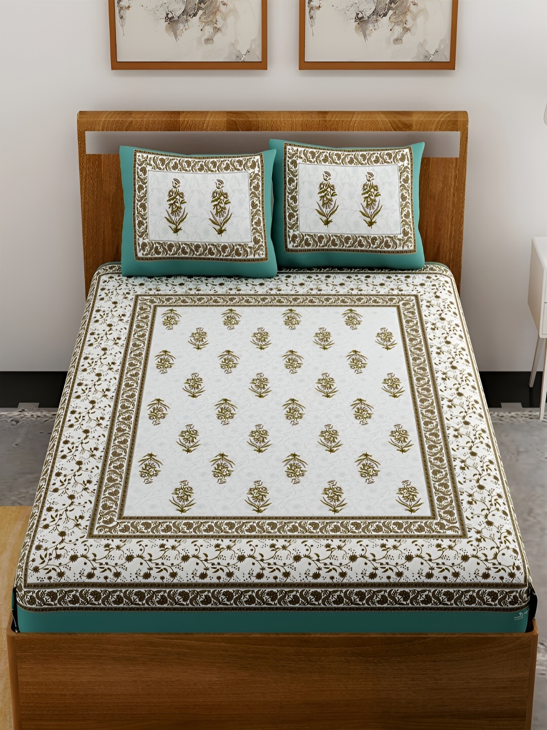 

Aura Turquoise Blue & White Ethnic Motifs Cotton 120 TC Queen Bedsheet & 2 Pillow Covers