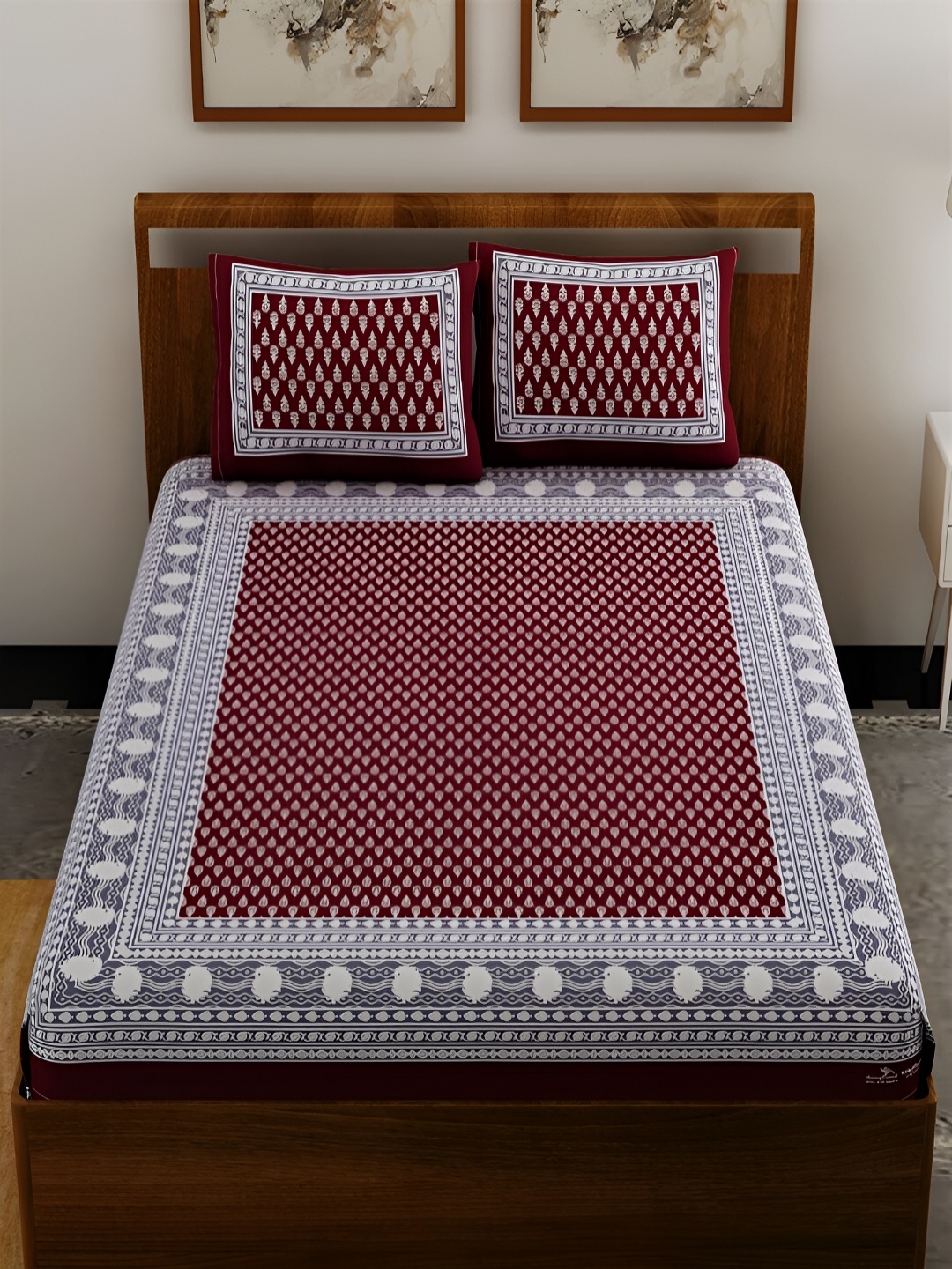 

Aura Maroon & White Ethnic Motifs Cotton 120 TC Queen Bedsheet with 2 Pillow Covers