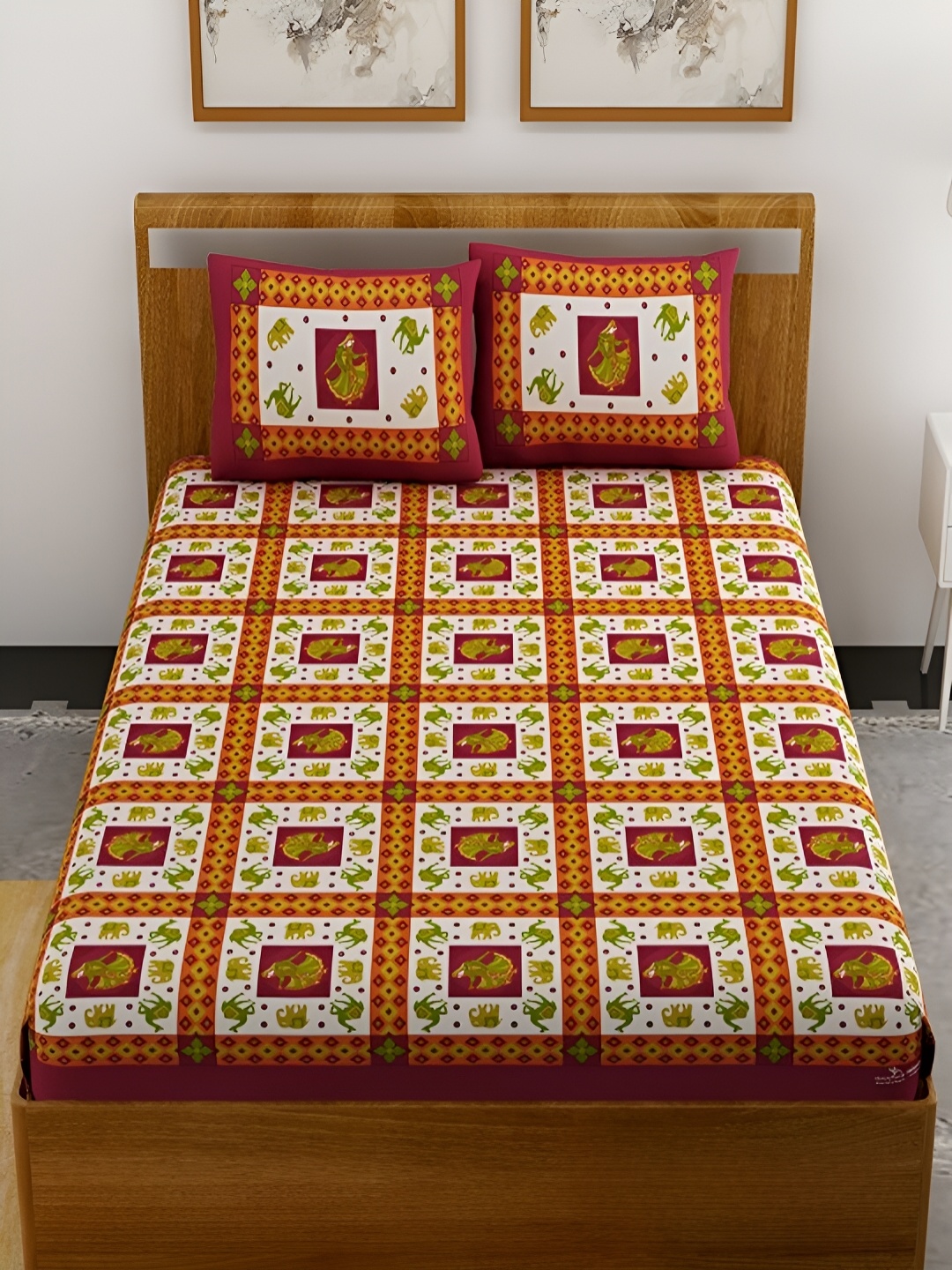 

Aura Maroon & White Ethnic Motifs Cotton 120 TC Queen Double Bedsheet With 2 Pillow Covers