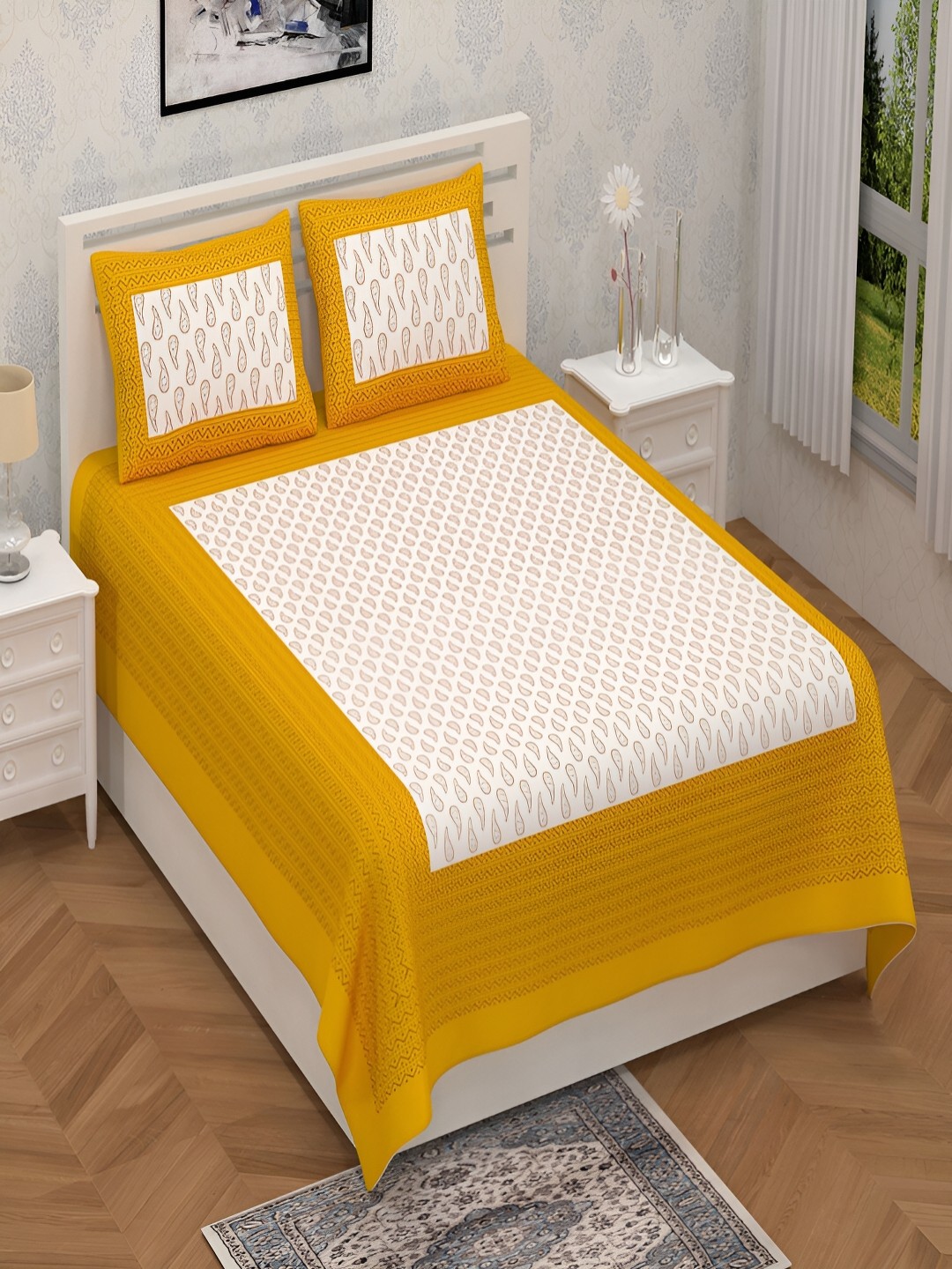 

Aura Yellow & White Ethnic Motifs Cotton 120 TC Queen Double Bedsheet With 2 Pillow Covers