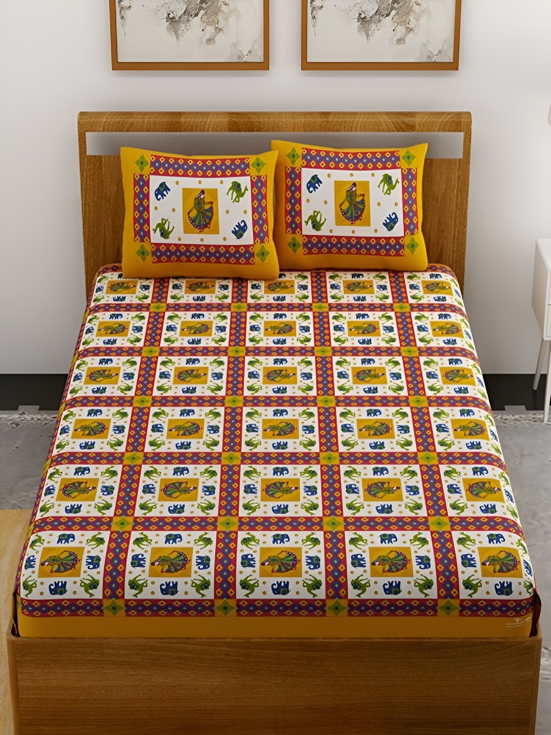 

Aura Yellow & White Ethnic Motifs Cotton 120 TC Queen Double Bedsheet With 2 Pillow Covers