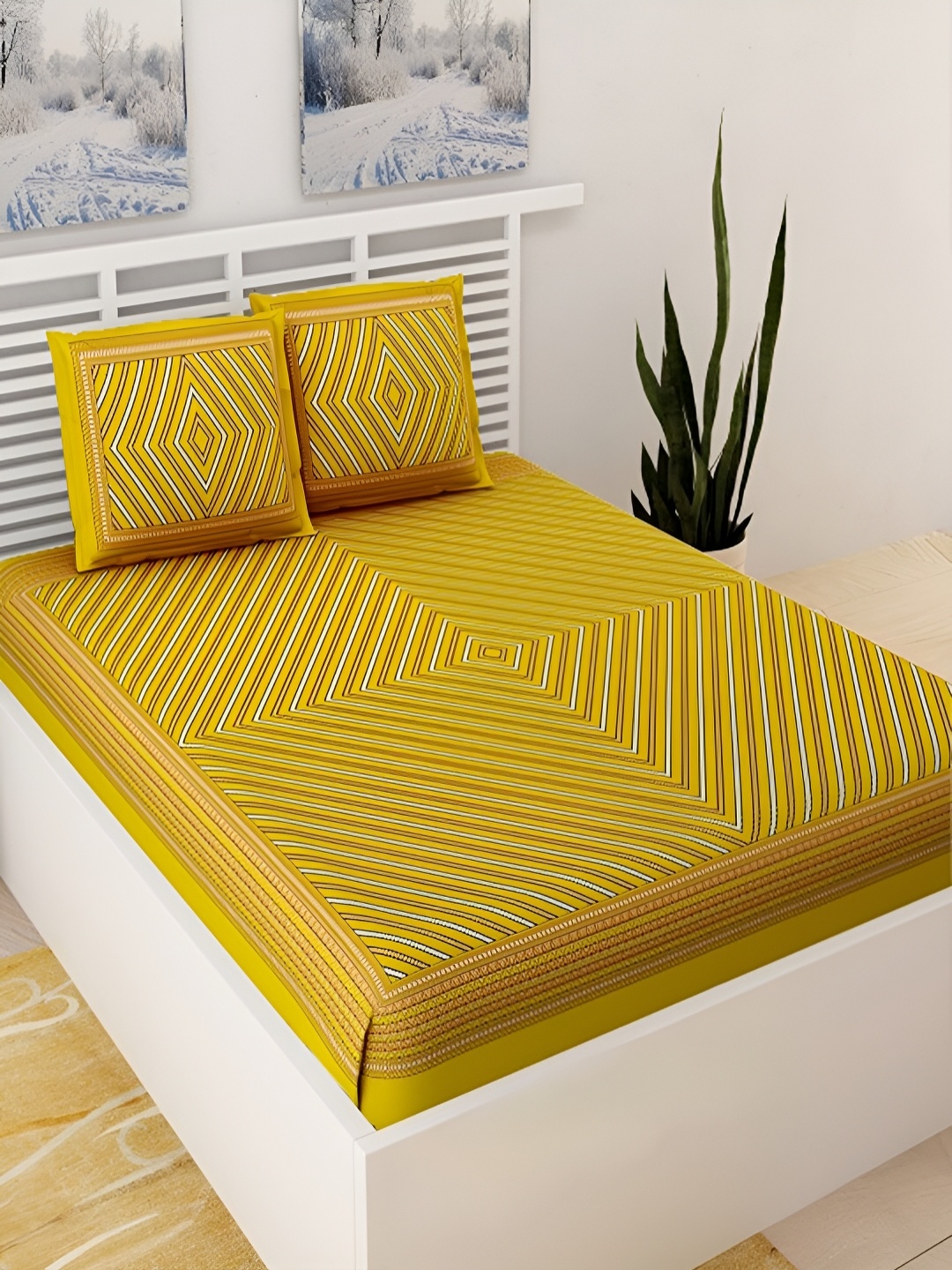 

Aura Yellow & White Geometric Cotton 120 TC Queen Bedsheet with 2 Pillow Covers