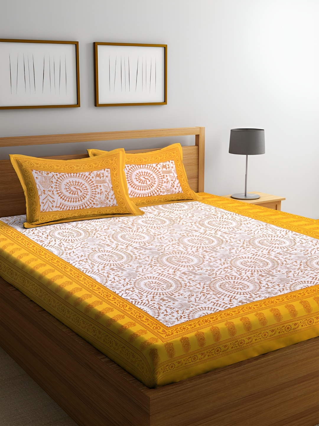 

Aura Yellow & White Ethnic Motifs 120 TC Queen Double Bedsheet With 2 Pillow Covers
