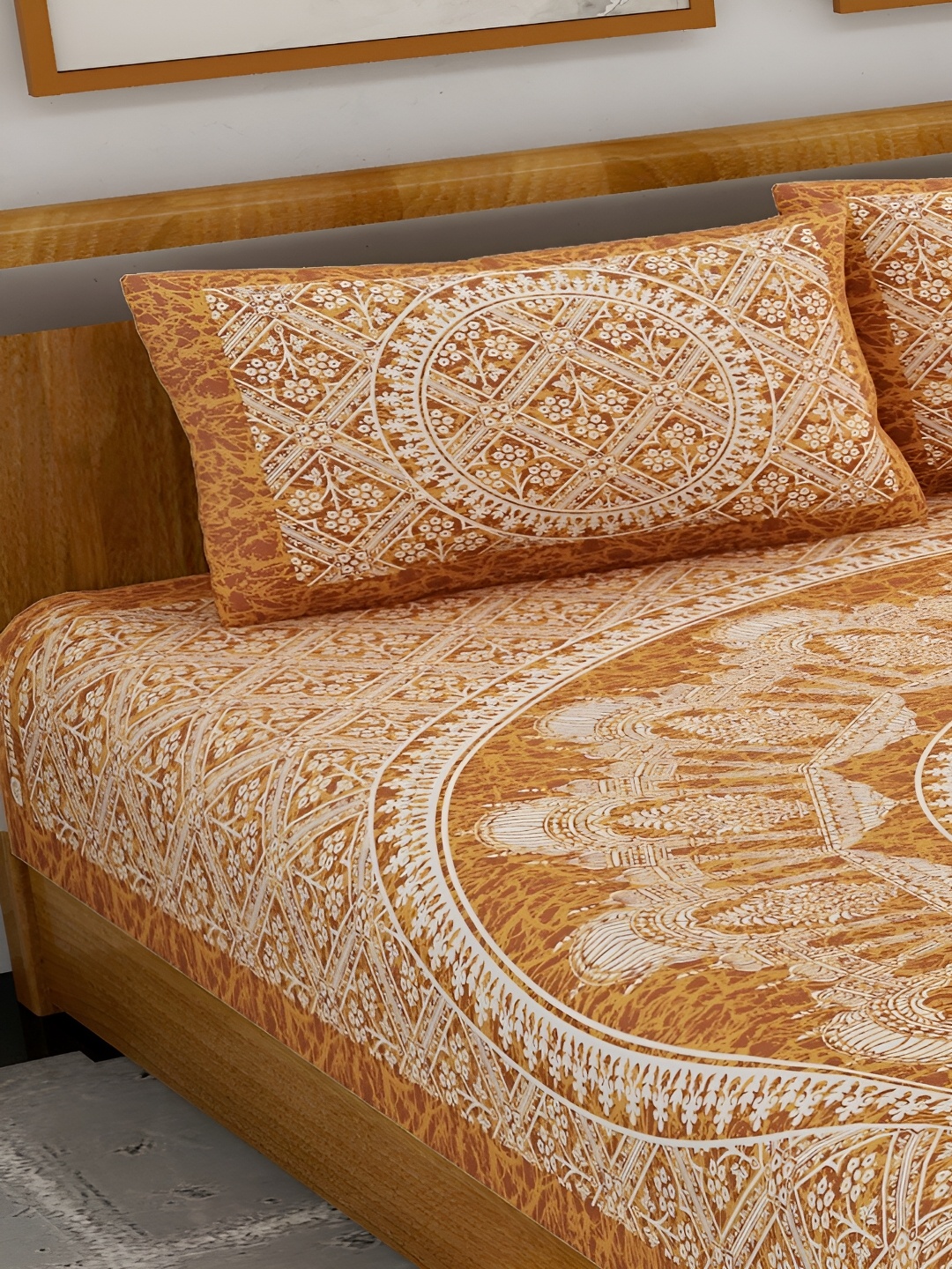 

Aura Mustard & White Ethnic Motifs 120 TC Queen Bedsheet with 2 Pillow Covers