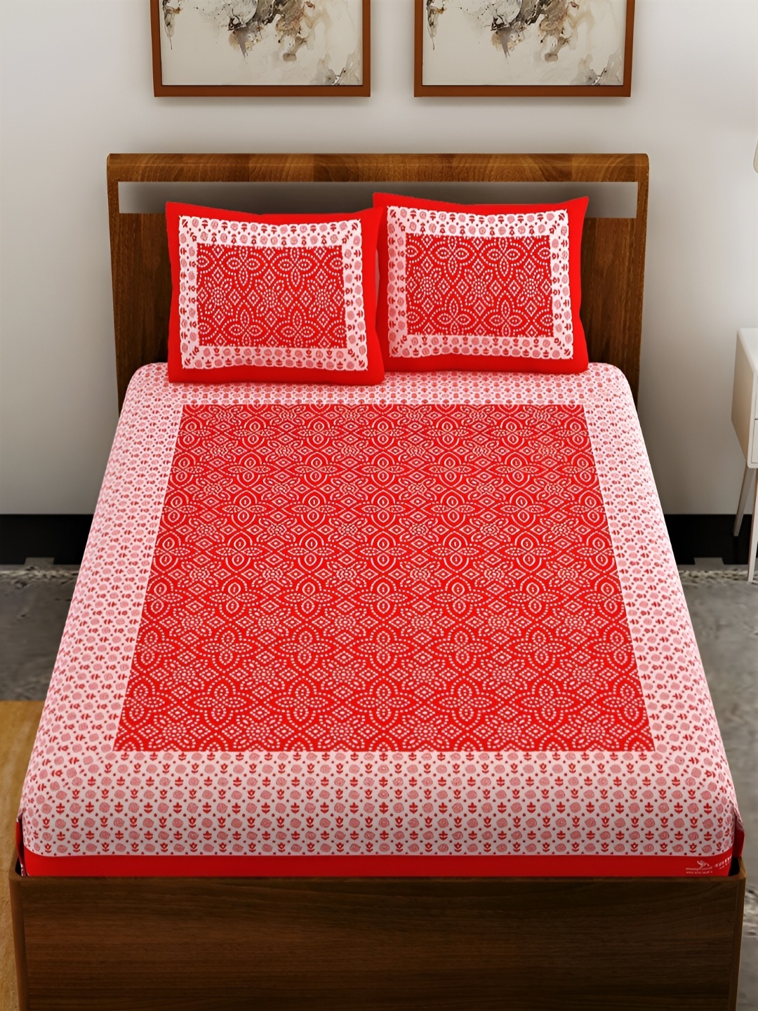 

Aura Red & White Ethnic Motifs Printed Cotton 120 TC Queen Bedsheet with 2 Pillow Covers