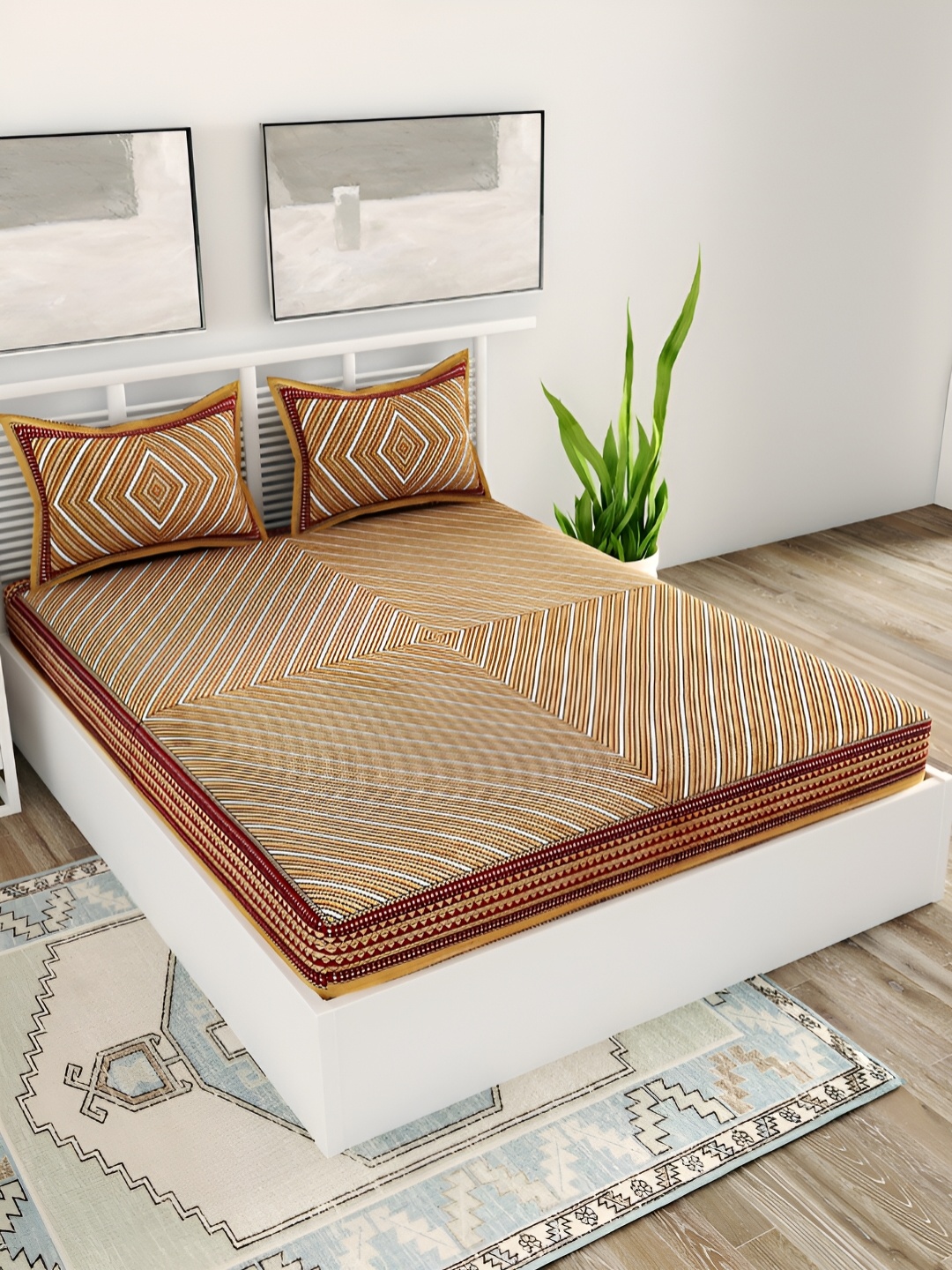 

Aura Brown & White Geometric Cotton 120 TC Queen Double Bedsheet With 2 Pillow Covers