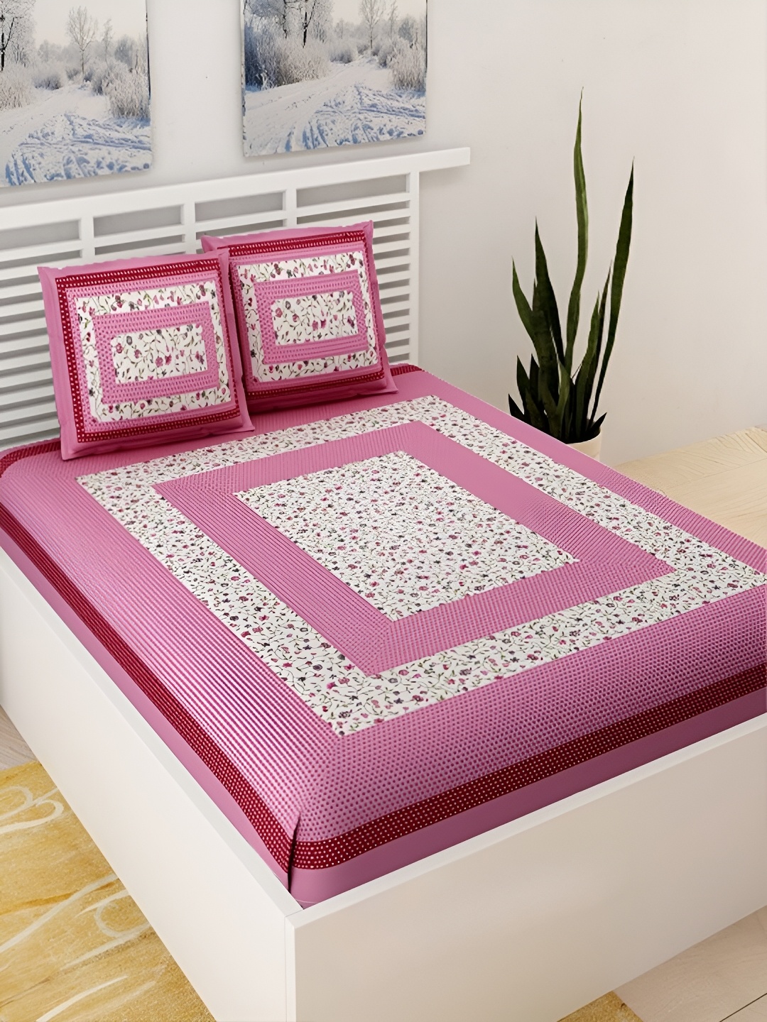 

Aura Pink & White Ethnic Motifs Cotton 120 TC Queen Double Bedsheet With 2 Pillow Covers