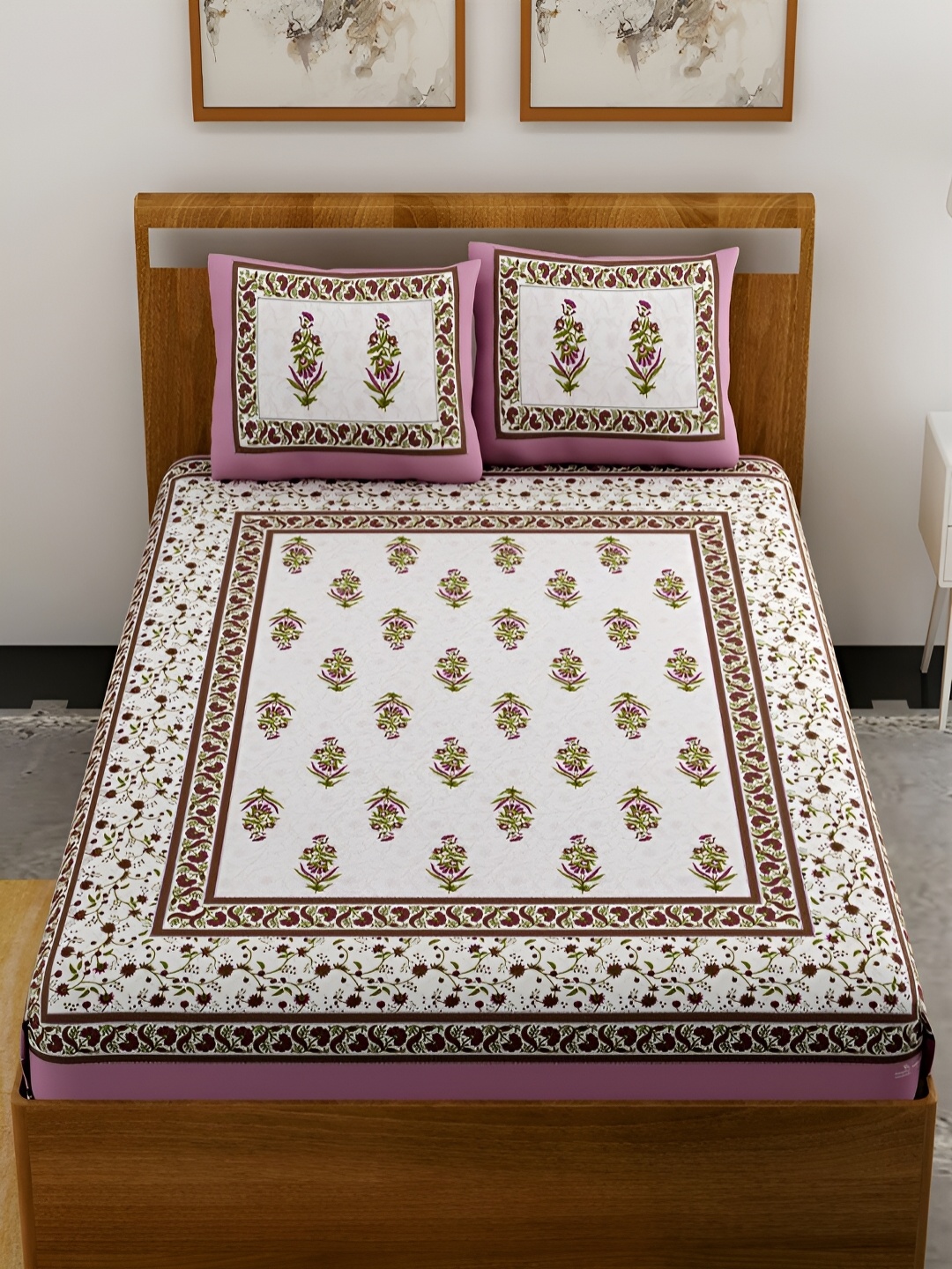 

Aura Pink & White Ethnic Motifs Cotton 120 TC Queen Bedsheet with 2 Pillow Covers