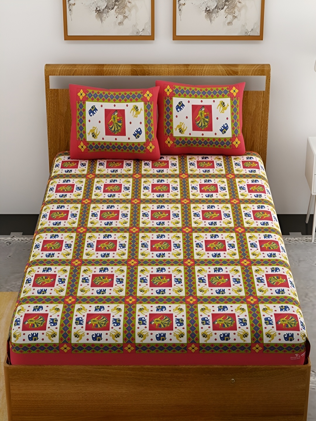 

Aura Red & White Ethnic Motifs Cotton 120 TC Queen Double Bedsheet With 2 Pillow Covers