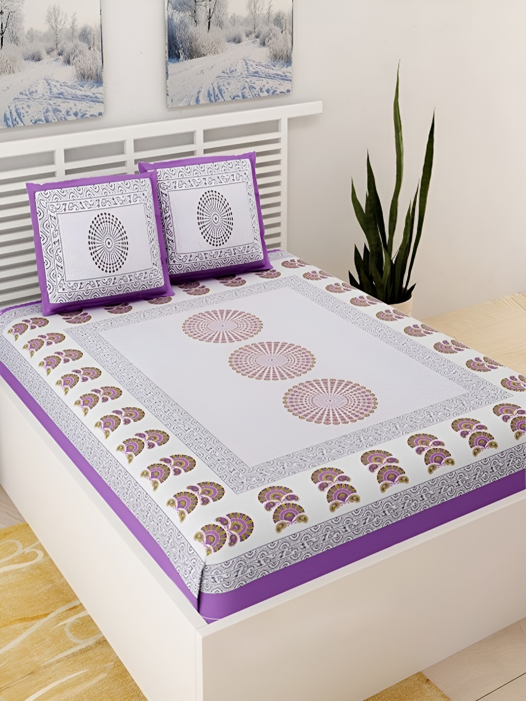 

Aura Purple & White Ethnic Motifs Cotton 120 TC Queen Double Bedsheet With 2 Pillow Covers