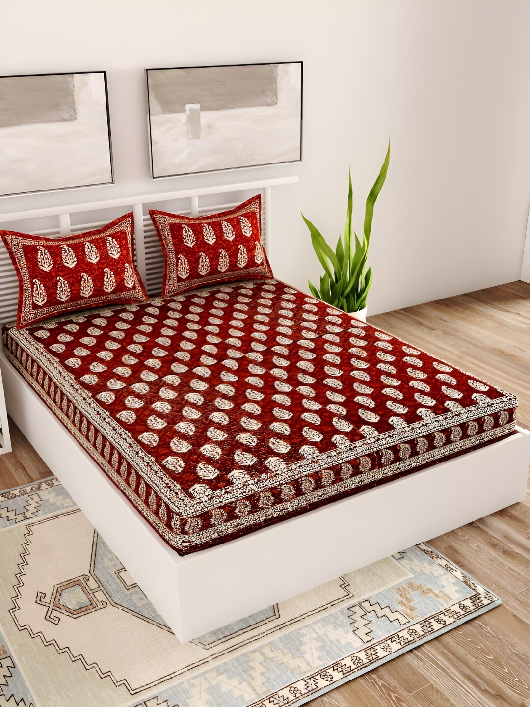 

Aura Maroon Ethnic Motifs Printed Cotton 120 TC Queen Bedsheet with 2 Pillow Covers