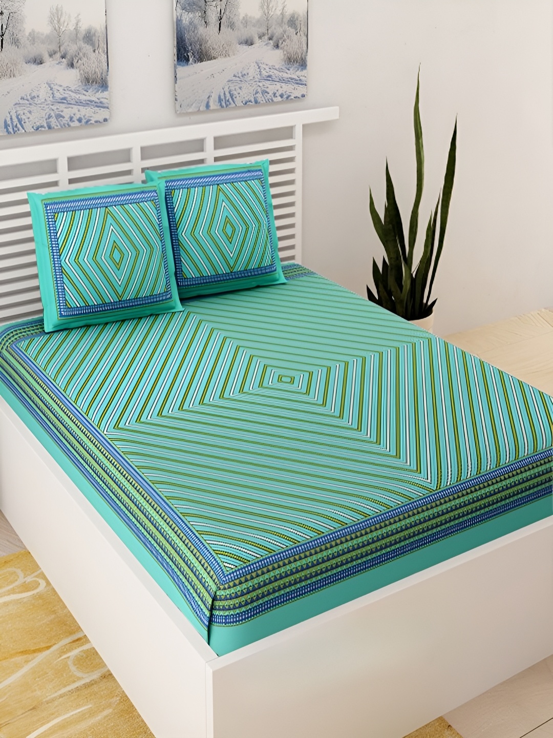 

Aura Turquoise Blue & Green Geometric 120 TC Queen Double Bedsheet With 2 Pillow Covers