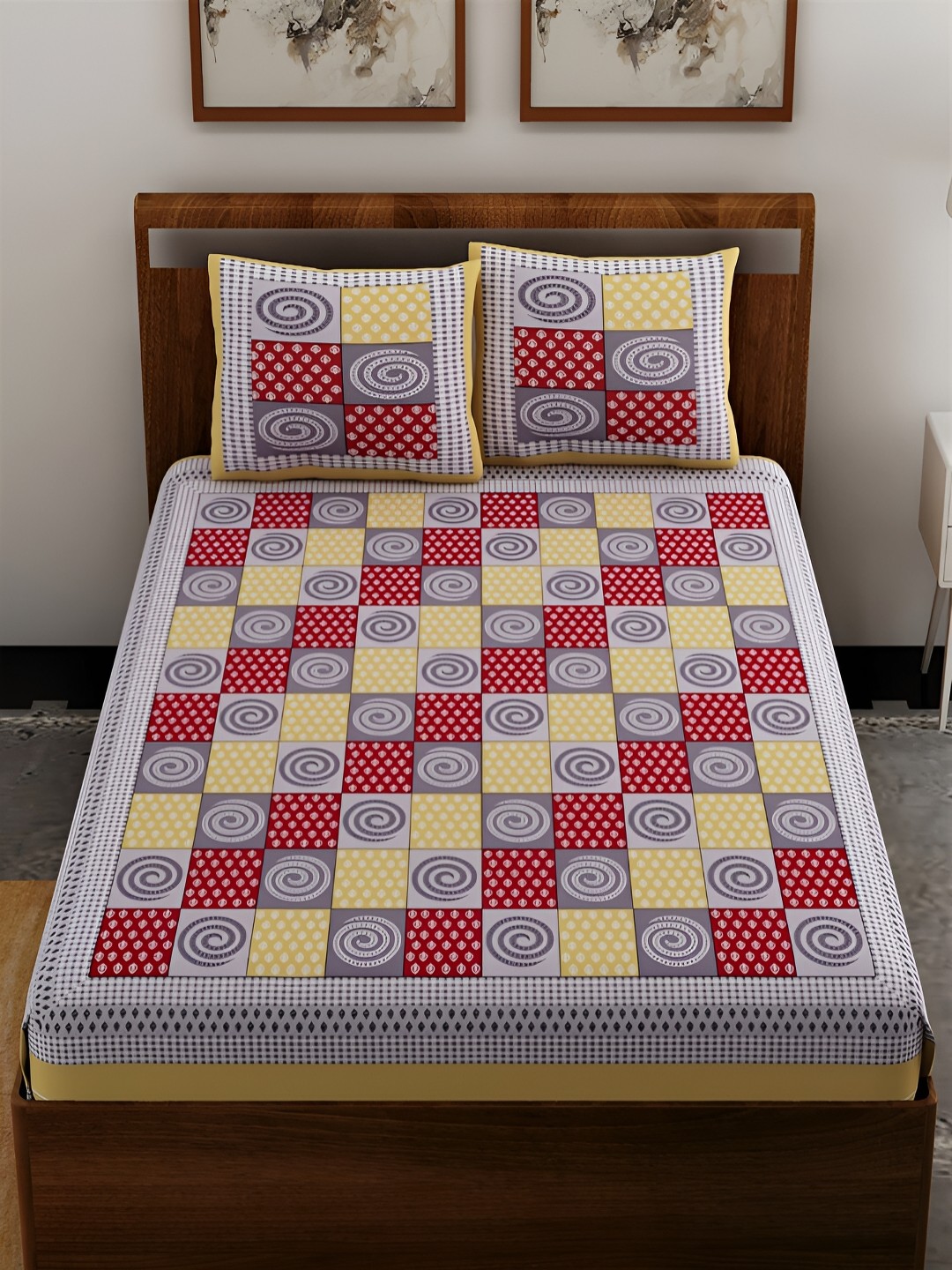 

Aura Brown & Yellow Ethnic Motifs Cotton 120 TC Queen Double Bedsheet With 2 Pillow Covers